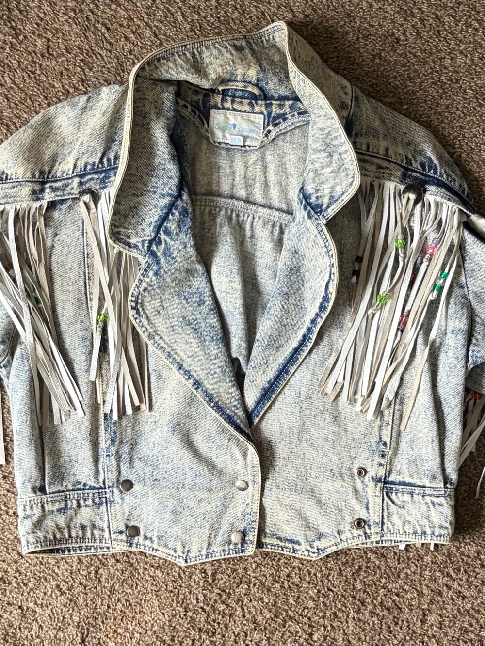 Vintage Sergio Valente White Acid-Wash Denim Fringe Jacket